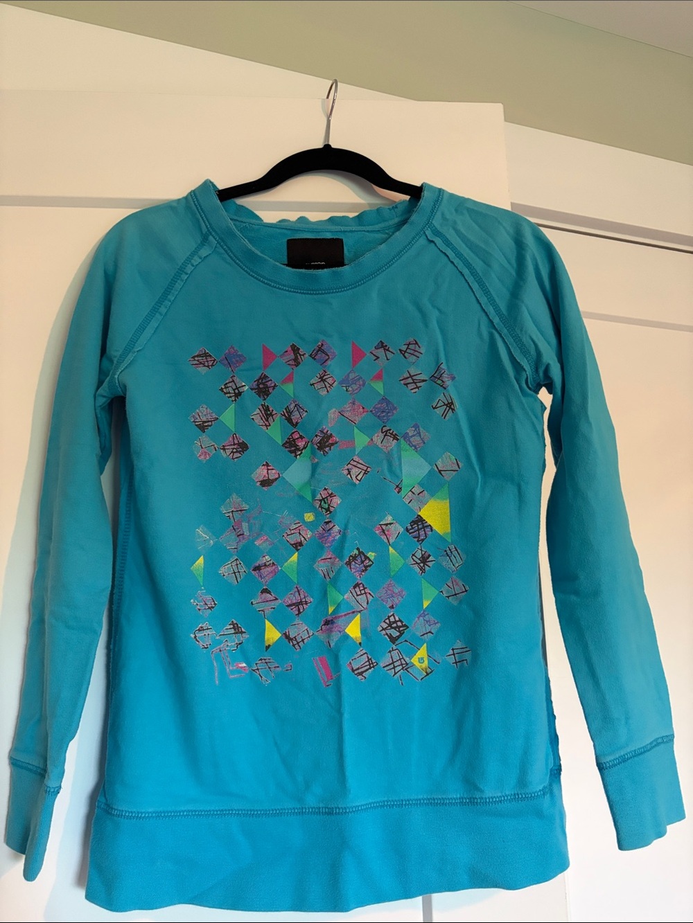 Women's Teal Crewneck Sweater with Geometric Print